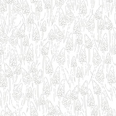 Fototapeta premium Grape Hyacinth flower hand drawn sketch vector seamless pattern. Abstract sketchy freehand bloom monochromatic background for fashion fabric print, home textile, Easter scrapbook, card making 