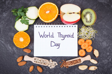 Nutritious ingredients and inscription World Thyroid Day. Healthy food containing vitamins. Problems with thyroid concept