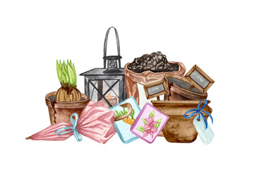 Watercolor set of garden objects a bag of mud, watering can, flowerpot, seeds. Gardening tools. Spring garden illustration