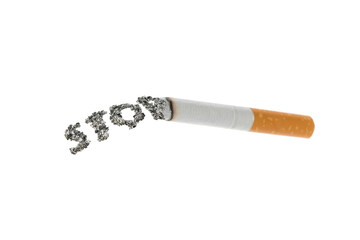 Stop text written by ash letters and cigarette butt isolated on white background
