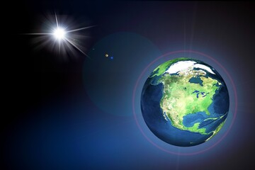 Star of jesus. Planet Earth on black background with bright star. Christmas Star of Jesus Christ.