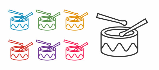 Set line Drum with drum sticks icon isolated on white background. Music sign. Musical instrument symbol. Set icons colorful. Vector