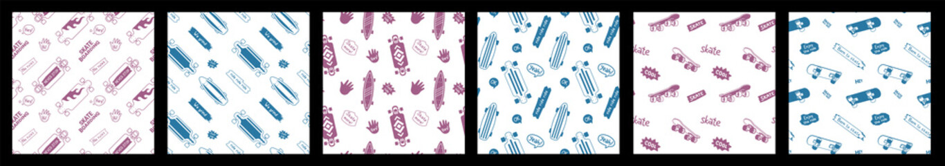 Vector set of illustration with red and blue skateboard. Skateboarding square seamless pattern with cartoon skateboard. Line art style skate background