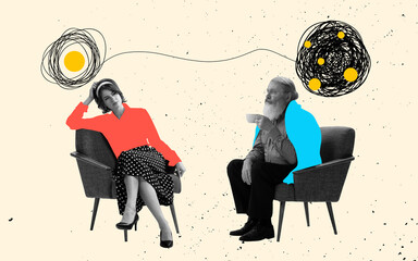 Sad offended young girl talking with old man, father on light background. Contemporary artwork. Relationship concept