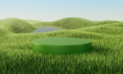 Green grass field with cylindrical podium. Summer landscape scene mockup. 3d illustration