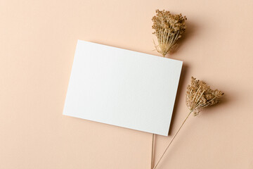 Invitation or greeting card mockup with dry plant decorations on beige paper background