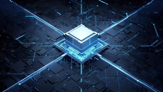 Concept animation shows the process of turning on the CPU in the motherboard. Digital pulses and signals from the chip propagate through the motherboard. 3d rendering.