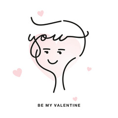 Be my Valentine handwritten typography inside cute line design in love boy face heart with some pink hearts Happy Valentine's Day
