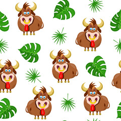 Fototapeta premium bull, monstera, palm leaves seamless pattern. Vector Illustration for backgrounds, covers, packaging, greeting cards, posters, stickers, textile and seasonal design. Isolated on white background.