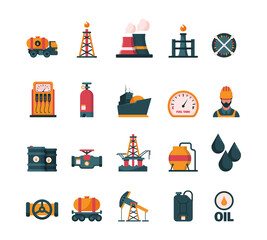 Gas oil industry. Mining energy from gas barrel and tank electric production line diesel transport fueling garish vector concept icons in flat style