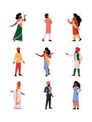 Indian people. Arabic authentic persons difference indian persons in stylish national clothes garish vector flat colored pictures