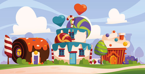 Candy background. Fantasy tasty world with cupcakes sweets and cookies gingerbread sugar houses garish vector cartoon landscape