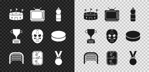Set Hockey stadium, Retro tv, Fitness shaker, Ice hockey goal, Air table, Medal, Award cup and mask icon. Vector