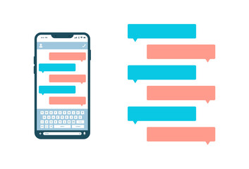 Online chat messages text notification on smartphone. Phone sms speech bubbles push alerts on screen. Vector image