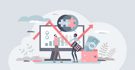 Business acquisition and other company purchase deal tiny person concept. Organisation consolidation and merging after successful buying contract vector illustration. Development and progress strategy - obrazy, fototapety, plakaty