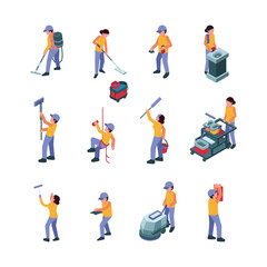 Fototapeta na wymiar Cleaning service characters. People washing commercial windows janitor workers interior cleaning team detergents items garish vector illustrations collection in cartoon style