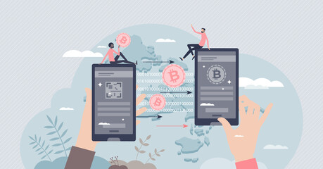 Crypto transaction and digital money transfer from phone tiny person concept. Online paying process with e-commerce purchases vector illustration. Virtual wallet usage for fast and safe payments. - obrazy, fototapety, plakaty