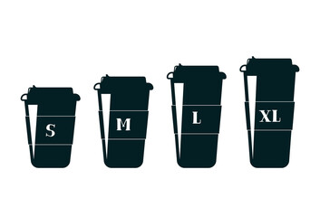 Coffee cup on the size, S, M, L, XL. Vector image set on flat modern style