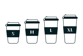 Coffee cup on the size, S, M, L, XL. Vector image line set on flat modern style