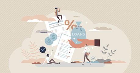 Liabilities as company budget expenditures with debits and loans tiny person concept. Business financial obligations management with regular credit and mortgage payments control vector illustration - obrazy, fototapety, plakaty
