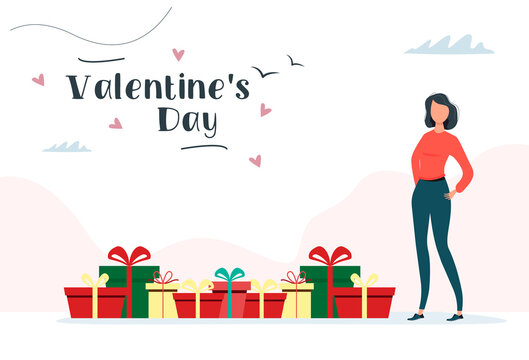 Vector set of gift boxes. Valentines day gifts and woman. Vector image
