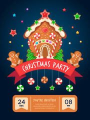 Gingerbread poster. Christmas decorative background with delicious bakery products chocolate house recent vector placard design with place for text