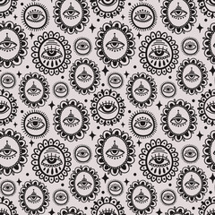 Seamless pattern Evil eye third element hand drawn.Esoteric mystic symbol,authentic icon.