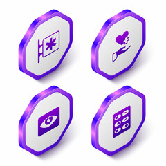 Set Isometric Emergency - Star of Life, Heart with cross, Red eye effect and Pills in blister pack icon. Purple hexagon button. Vector