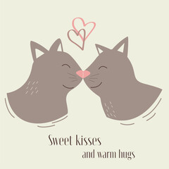 Postcard with cats in love. A greeting card for people in love. Vector banner, poster, flyer. Cats pressed against each other with their noses.