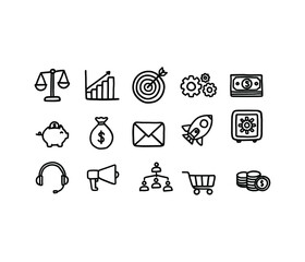 Doodle business collection. Sketch marketing icons, hand drawn startup idea symbols.