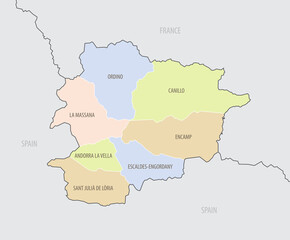 Detailed map of location of Andorra in Europe with the administrative divisions of country, vector illustration