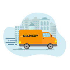 Express delivery truck is carrying parcels on points. Concept online map, tracking, service. Vector illustration.