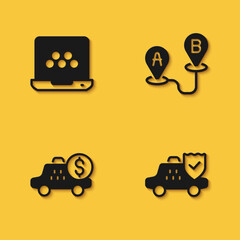 Set Taxi mobile app, car insurance, Taximeter device and Route location icon with long shadow. Vector