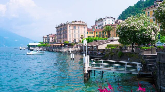 Bellagio borgo on Lake Como, Italy. Romantic scenery of coast and lakefront, the town is famous for popular luxury resort, stores, narrow streets and alleys. RAW CINEMATIC 4K FOOTAGE