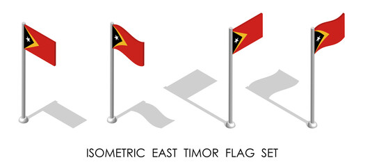 isometric flag of EAST TIMOR in static position and in motion on flagpole. 3d vector