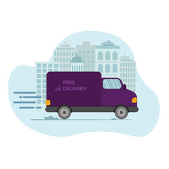 Express delivery truck is carrying parcels on points. Concept online map, tracking, service. Vector illustration.