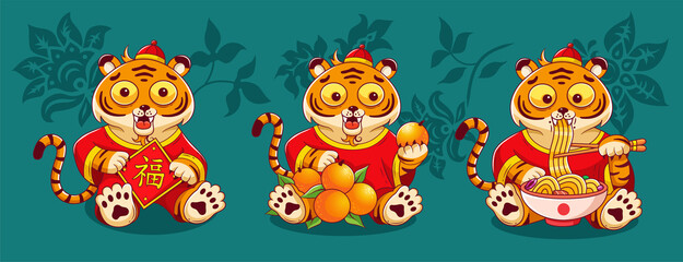 Obraz premium Little tigers in chinese traditional costumes. Vector cartoon characters collection. Tiger with chinese symbol means happiness, tiger with tangerines and tiger eating noodles. Chinese New Year.