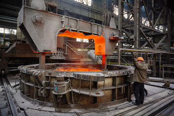 Ladle with hot liquid metal in the Steel ladle degassing unit VD  VOD. Steel production....