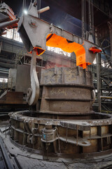 Ladle with hot liquid metal in the Steel ladle degassing unit VD  VOD. Steel production. Metallurgy. Industry