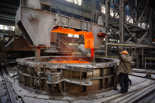 Ladle with hot liquid metal in the Steel ladle degassing unit VD  VOD. Steel production. Metallurgy. Industry