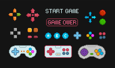 Pixel Art gamepad controls and buttons for 8-bit retro video game design  - vector collection. Console game  controllers and navigation  - obrazy, fototapety, plakaty