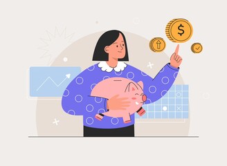 Woman saving money and putting coins in Piggy bank. Finance planning, income and expenses calculation, economic infographic, budget planning. Flat style vector illsutration.