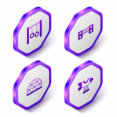 Set Isometric Gymnastic rings, Playground kids bridge, climbing equipment and Swing plane icon. Purple hexagon button. Vector