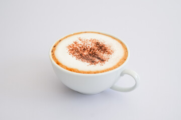 Cup hot cappuccino on white background.