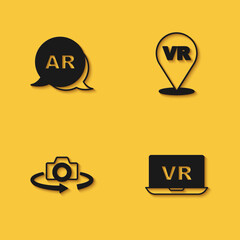 Set Augmented reality AR, Virtual, 360 degree view and icon with long shadow. Vector