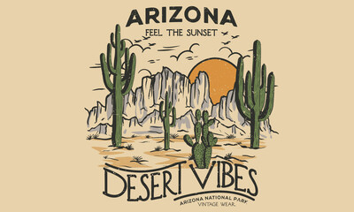 Desert vibes with cactus vintage graphic print design for t shirt and others.  - obrazy, fototapety, plakaty