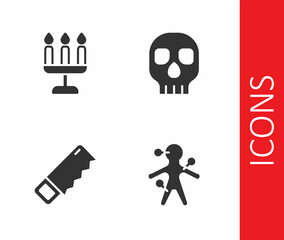 Set Voodoo doll, Candlestick, Hand saw and Skull icon. Vector
