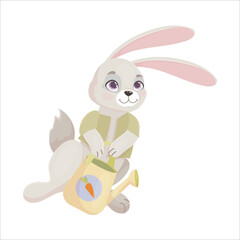 Funny Rabbit with a watering can for flowers watering the beds in a cartoon style. Hare is a farmer. Vector illustration isolated on white background.