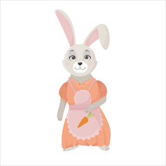 Cute bunny in a pink dress in a cartoon style. Fluffy animal. Vector illustration isolated on white background.