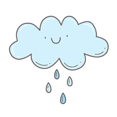 Cute smiling cloud with rain in a simple children's doodle style. Vector isolated illustration.